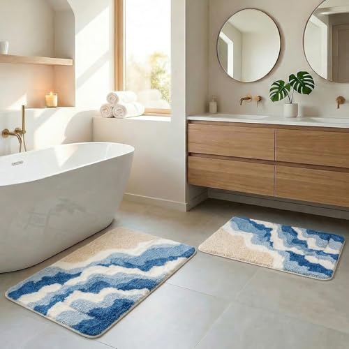 Arttown Blue Sea Waves Bathroom Rug Set 2 Piece Fluffy Microfiber Non-Slip Water Absorbent Bath Mat Soft Washable Floor Rug for Tub Showers Laundry Room Decor (16"x24"+20"x32") - color: Blue
