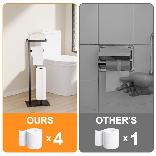 Freestanding Toilet Paper Holder Stand with Storage, Rustproof Metal Bathroom Paper Stand with Weighted Anti-Slip Base, Fits 4 Spare Rolls and Shelf for Phone & Small Items, No Drilling - color: Black-style a