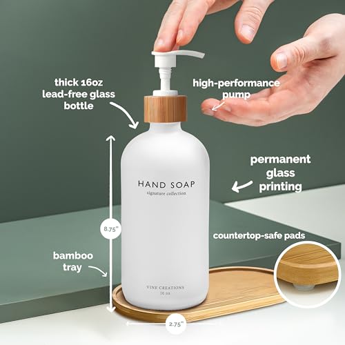 Vine Creations White Glass Soap Dispenser Set, Hand Soap and Dish Soap Dispenser Set with Bamboo Tray, 16 oz Glass Dispensers Bottle for Kitchen and Bathroom Decor Modern Boho with Bamboo Pump (White) - color: White