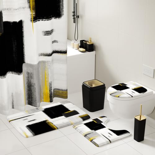 XLHOMO Bathroom Accessories Set - 26PCS Black Bathroom Set, Bathroom Accessory Set with Shower Curtain and Rugs and Bathtub Mats for Home - color: Plaid Black & Gold, size: Complete Set+Bath Rugs+Bathtub Mat