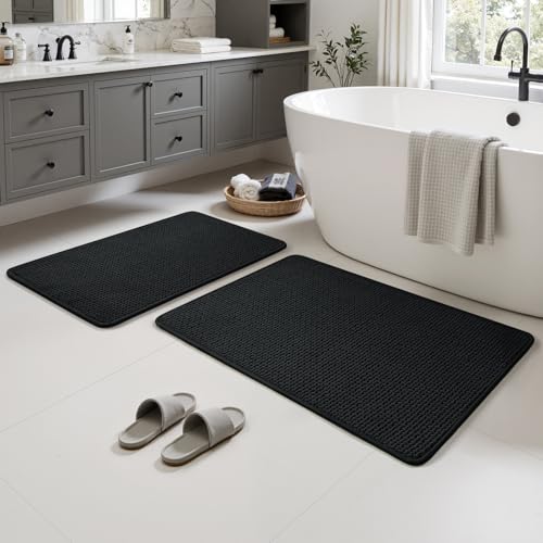 HOMEIDEAS Bathroom Rugs Set 2 Piece, Ultra Thin Non-Slip Bath Mats Rubber Backed, Chenille Absorbent Quick Dry Mats for Shower & Vanity, Low Profile Fits Under Door (Black, 32"x20"+24"x17") - color: Black