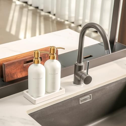 Prus Waso Gold Soap Dispenser Set, Glass Soap Dispenser with Stainless Steel Pump, Perfect for Modern Kitchen Counter Decor. (Gold) - color: White Bottle & Gold Pump