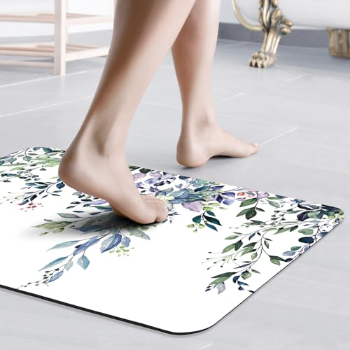 Gibelle Eucalyptus Leaves Bath Mat Rug Super Absorbent Quick Dry Thin Bathroom Rugs Fit Under Door Non Slip Rubber Backed Bathroom Floor Mat for in Front of Bathtub Sink Shower (20"x32", Green) - color: A002, size: 20" x 32"