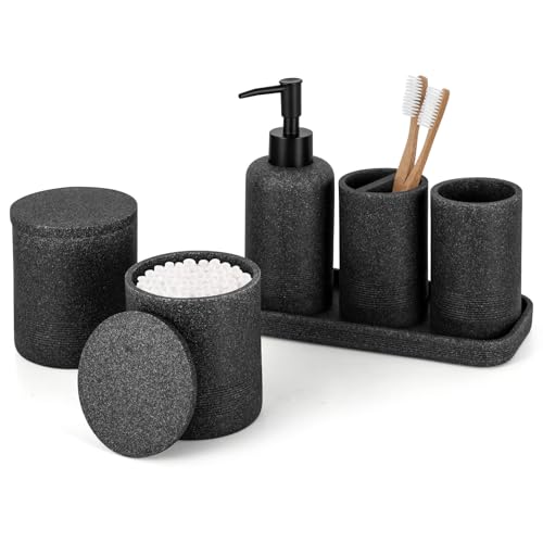 ZCCZ Black Stone Bathroom Accessories Set 6 Pieces - Toothbrush Holder, Lotion Dispenser, Qtip Container, Vanity Tray, Tumbler - Countertop Organizer for Bathrooms - Elegant and Functional Décor Set - color: Black Stone, size: 6pcs