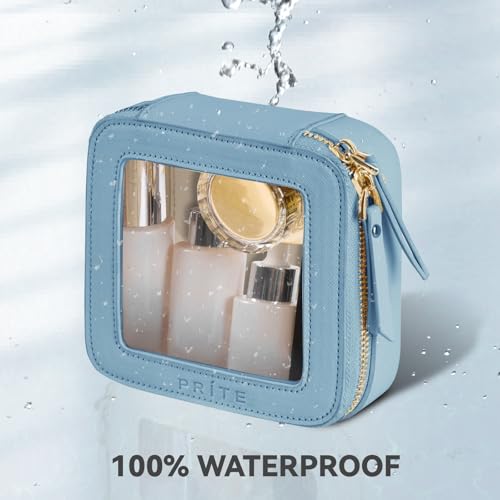 Prite Small Makeup Bag for Women Portable Clear Makeup Bag Cute Mini Waterproof Travel Cosmetic Bag with Gold Zipper for Car Essentials(Blue) - color: Blue, size: Mini - Single Layer