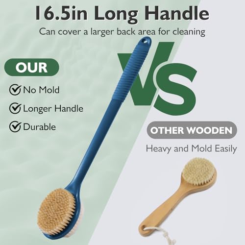 VANZAVANZU 17 Inch Anti-Slip Long Handle Back Scrubber for Shower – Dual-Sided Shower Brush and Shower Back Scrubber with Soft and Stiff Bristles for Wet or Dry Brushing (Navy Blue) - size: 17 in - Navy Blue