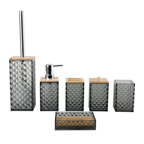 Grey Bathroom Accessory Set, 6 PCS Grey Bathroom Accessories Set, Soap Dispenser, Toothbrush Holder, Soap Dish, Mouthwash Cup, Cotton Swab Holder and Toilet Brush, Acrylic - color: Grey
