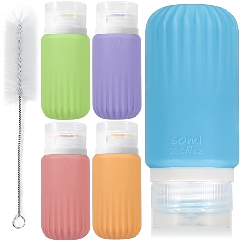 QUMMFA 5Pcs Condiment Squeeze Bottles for Sauce, Silicone 2 OZ Salad Dressing Container To Go, Leakproof Sauce Containers for Lunch Box, Travel Size BPA-Free Dressing Bottle (with cleaning brush) - style: Vertical stripes
