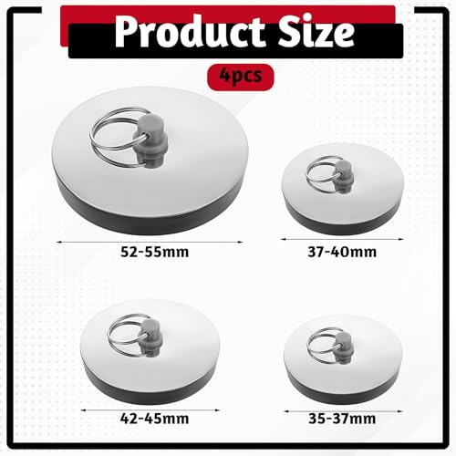 4PCS Stainless Steel Sink Stopper Drain Plug, Rubber Drain-Stoppers, Tub Drain-Stopper, Bathtub Stopper Plugs with Hanging Ring, Universal Bathtub Plug Drain-Stopper for Kitchen and Bathroom (4 Size)