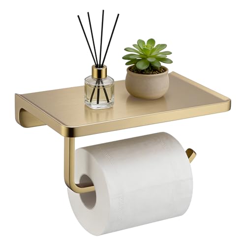 TRUSTMI Toilet Paper Holder with Shelf & Phone Stand | Brushed Gold Bathroom Storage, Solid Zinc Alloy, Wall Mounted | Holds 15lbs, Fits Jumbo Rolls - color: Brushed Gold, size: 7.1" x 4.3"