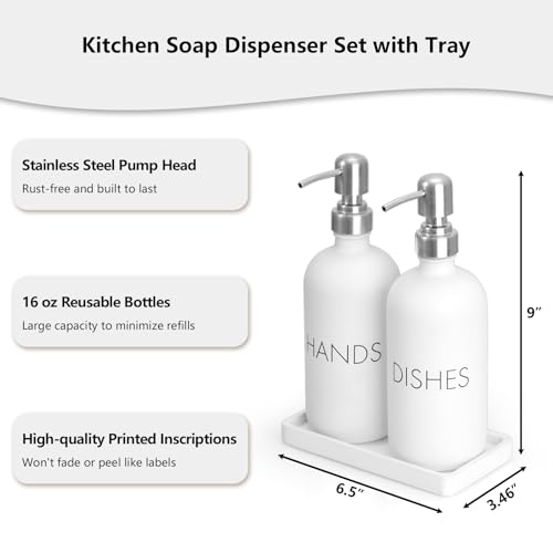 White Dish and Hand Soap Dispenser Set - Glass Kitchen Soap Dispenser with Tray and Stainless Steel Pump - for White Kitchen Decor and Accessories - color: White