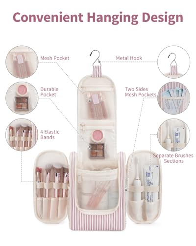 Narwey Small Striped Hanging Travel Toiletry Bag for Women, Travel Bag for Toiletries, Makeup Bag Organizer Cosmetic Bags Make Up Bags for Women (Dusty Rose Stripe) - color: CA-Dusty Rose Stripe, size: Medium