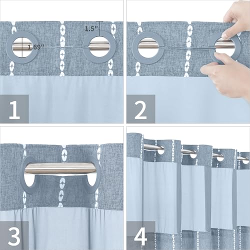 eachope Boho Farmhouse No Hook Shower Curtain Set with Snap-in Fabric Liner,Heavy-Duty Linen Textured Rustic Striped Design,Water-Repellent with Tassels and Sheer Window,Blue,71x74 - color: Blue, size: 71"W x 74"L (Pack of 1)