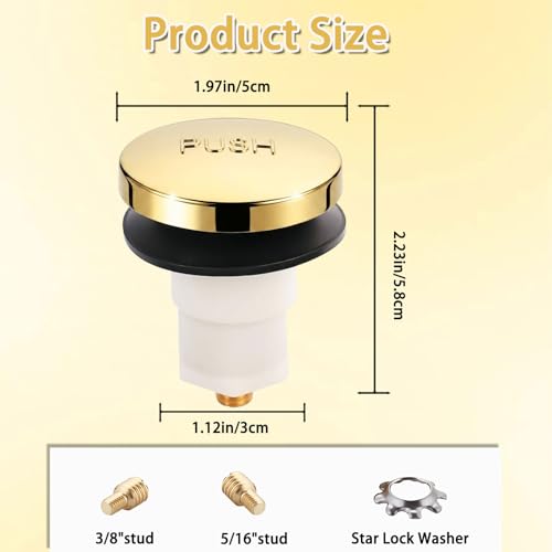 Universal Toe Touch Bathtub Drain Stopper - 3/8'' & 5/16'' Thread Studs with Star-Shaped Lock Washer, Gold(1 Pack) - color: Glod