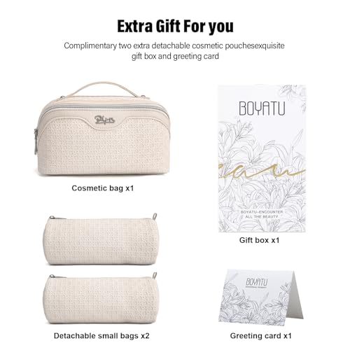 BOYATU Travel Makeup Bag Cosmetic Bags for Women: Large Capacity 3 Pcs Set Make up Bag with Compartments - Waterproof Vegan Leather Toiletry Organizer Bags with Handle (M-72Off-white) - color: M-72Off-white