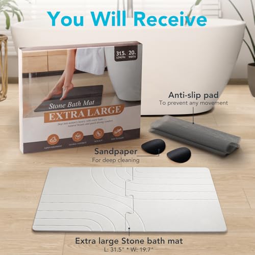 BAVIFY 32 * 20 Large Stone Drying Bath Mat for Bathroom Diatomaceous Earth Bath Mat Quick Dry Non Slip Absorbent Bathroom Floor Mat Modernized Water Absorbing Diatomite Shower Bath Mat Grey