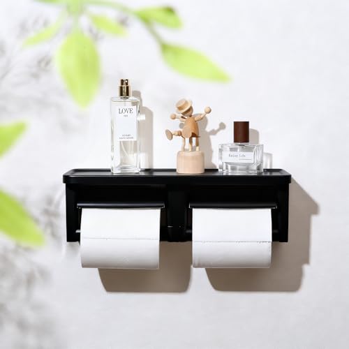 Matte Black Double Toilet Paper Holder with Shelf - Toilet Paper Cutting Function, Toilet Paper Holder Wall Mounted for Bathroom Washroom - color: Abs Black&black, size: Full