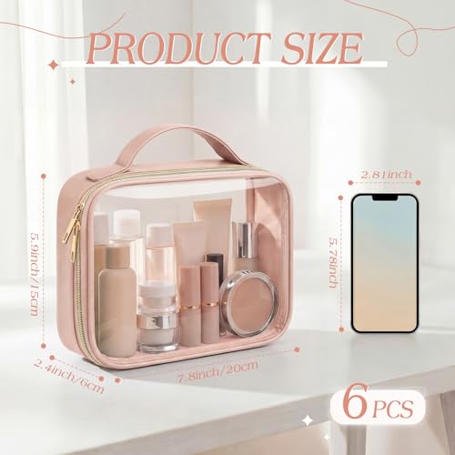 Abbylike 6 Pcs Clear Makeup Bags Bulk 7.9 x 5.9 x 2.4 Inches Quart Size Approved PU Leather Toiletry Bag with Handles Small PVC Clear Travel Cosmetic Case for Women Wedding Bridal Gifts(Pink) - color: Pink