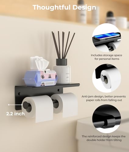 FreshGlow Double Toilet Paper Holder with Shelf, Wall Mount Tissue Roll Holder for Bathroom, 304 Stainless Steel Commercial Toilet Paper Dispenser with Phone Shelf, Matte Black - color: Black