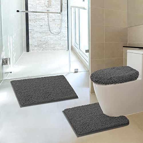 TREETONE Chenille Bath Mat 3 Piece Bathroom Rugs Set, 20x20 Inches U-Shape Contoured Toilet Mat & 20x32 Inches Rug & Lid Cover, Soft Water Absorbent Rugs for Tub Shower & Bath Room - Charcoal Gray - color: Charcoal Gray, size: Set of 3-Medium 20" x 30"/Co