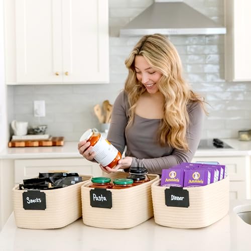 NaturalCozy 13.5”x8.5”x5.5” Storage Baskets for Shelves 3 Pack | Cotton Rope Woven Small Baskets for Organizing | Small Storage Bins for Nursery, Bathroom, Closet, Cube Shelf, Decorative, Gift - color: Beige, size: 13.5" x 8.5" x 5.5"
