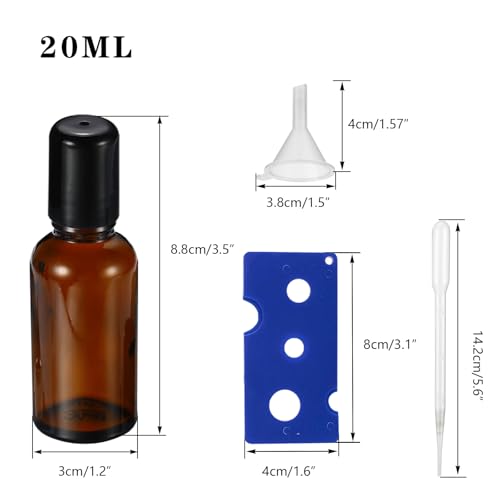 20ML Roller Bottles for Essential Oil, 4 Pack Empty Amber Glass Roller Bottle for Perfume Oil, Roll on Bottles with Stainless Steel Roller Balls, Opener, Funnel and Dropper - size: 20ml_4pcs