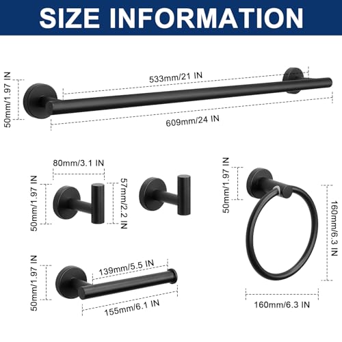 NearMoon 5 Pieces Bathroom Hardware Set SUS304 Thicken Stainless Steel-Towel Rack Kit Include 24" Towel Rod + Bath Towel Ring + Toilet Paper Holder + Robe Towel Hooks Bath Accessories (Matte Black) - color: Matte Black