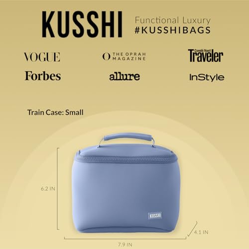KUSSHI Neoprene Train Case Makeup Bag - Washable Makeup Travel Bag & Vanity Case for Stress Free Travel (Small, Pearl Blue/Sand Pink) - color: Pearl Blue/Sand Pink, size: Small