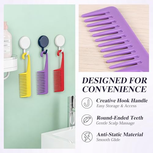 3PCS Wide Tooth Hair Combs with Hook, Large Detangling Shower Combs Set for Wet or Dry Hair, Conditioner Combs for Curly, Thick & Long Hair (Purple/Rose Red/Yellow)