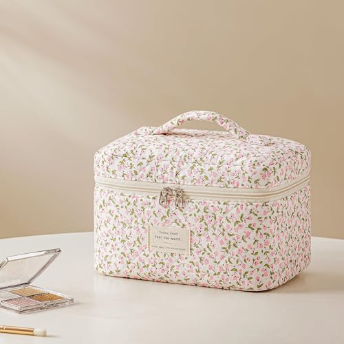 HBselect Quilted Makeup Bag, 3PCS Cotton Large Travel Makeup Bag, Cute Floral Coquette Make up Bag Cosmetic Bag Toiletry Bag for Women Girls - color: A-3PCS-Floral 17