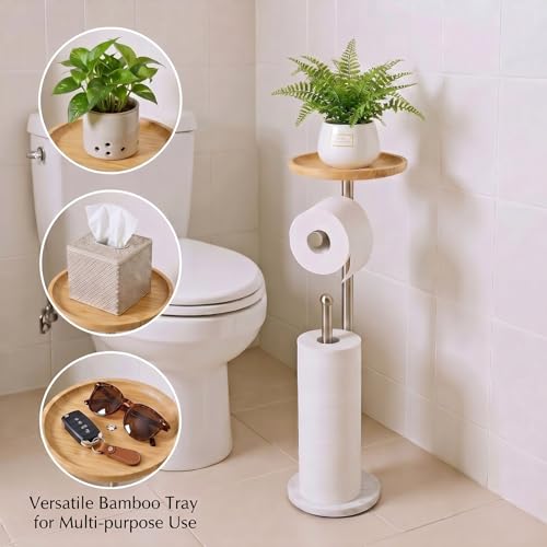 Toilet Paper Holder Stand with 7.9" Big Bamboo Tray, 2.2Lbs Heavier Marble Base, Floor Standing Paper Holder Stand with Phone Shelf, Reserve for 4 Rolls (Brushed Nickel) - color: Brushed Nickel