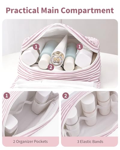 Narwey Small Hanging Toiletry Bag for Travel Women Girl, Striped Toiletries Travel Bag with Hook, Hanging Makeup Bag Organizer Make Up Cosmetic Bags, Gifts for Kids Teen (Dusty Pink Stripe) - color: Y-Dusty Pink Stripe