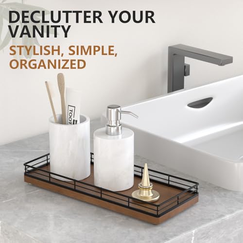 Bathroom Tray for Counter Top Organizer, Oak Wood Vanity Tray | Metal Frame for Dresser, Kitchen & Nightstand, Black & Brown Decorative Storage - color: Black & Brown, size: 11" x 4.5" x 1.5"