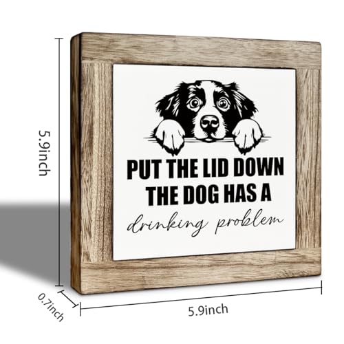 Farmhouse Wooden Bathroom Decor Signs, Funny Restroom Decorative Wooden Box, Toilet Rules Shelf Decoration, Put the Lid Down the Dog Has A Drinking Problem 5.9×5.9 inch - color: color26
