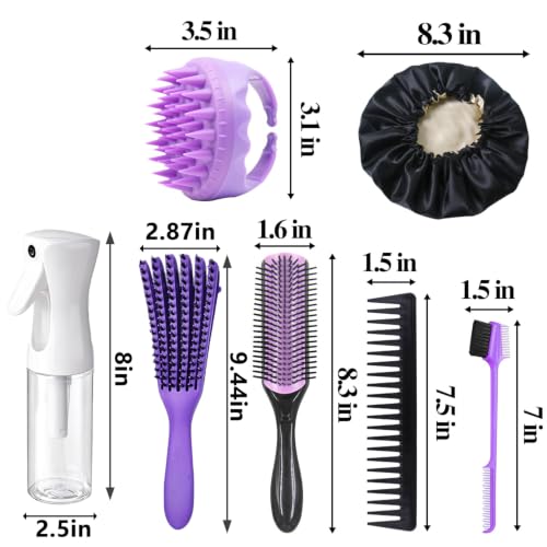 10Pcs Natural Hair Detangling Brush Set with Sleep Bonnet for Curly, Afro, African Black 3a to 4c Hair - Faster Detangling on Wash Days - color: Purple-10 piece set