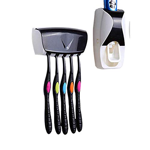 RC Auto Toothpaste Dispenser, Hands Free Toothpaste Squeezer Wall-Mount Toothbrush Holders Bathroom Organizer with 2 Hooks, Sticks & Cleaning Brush White