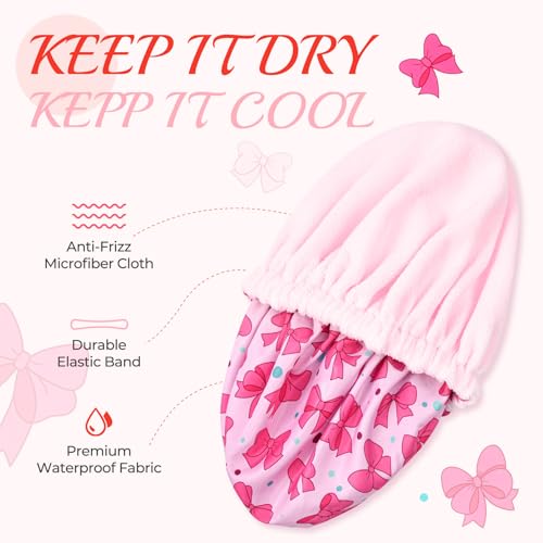 Aileam Pink Bow Shower Cap for Women, Terry Lined Bath Cap Large Reusable Waterproof Shower Hair Cap for Long Thick Hair - color: Bow