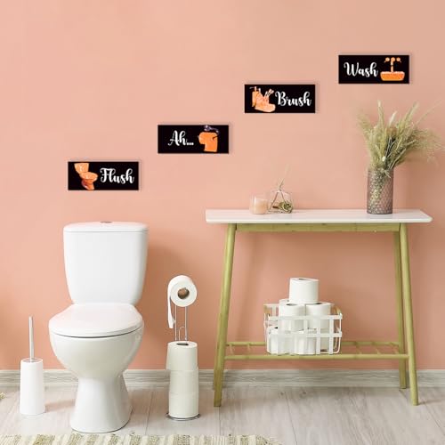 4 Pcs Orange Bathroom Decor Funny Orange And Black Wall Art Wooden Bathroom Accessories Modern Glitter Set for Home Toilet Decoration 10x4 Inches - color: Orange, size: 10 X 4 Inch