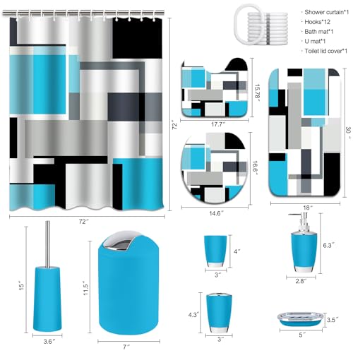 Lnond Blue Bathroom Set, 23-Piece Blue Black Geometric Bathroom Decor Set with with Shower Curtain and Rugs, Trash Can, Toilet Brush Holder Set & Soap Dispenser - style: Blue Geometric