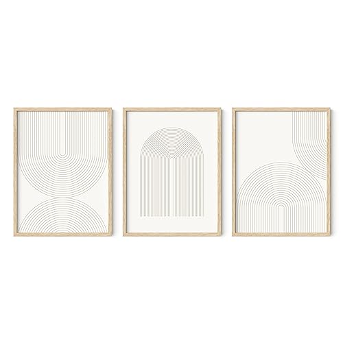 HAUS AND HUES Boho Wall Art - Set of 3 Frameable Mid Century Modern for Living Room, Minimalist Beige Art, Line Decor, Light Arches Poster with Beige Frame, 12x16 - color: Neutral Double Arch, size: 12"L x 16"W, style: Beige Framed