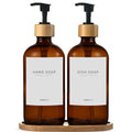 MaisoNovo Glass Dish Soap Dispenser for Kitchen Set of 2-16.9oz Amber Dish and Hand Soap Dispenser Set for Kitchen - Amber Glass Bottles x 2 with Black Bamboo Pumps & Tray - color: Amber Bottles/Black Bamboo Pumps