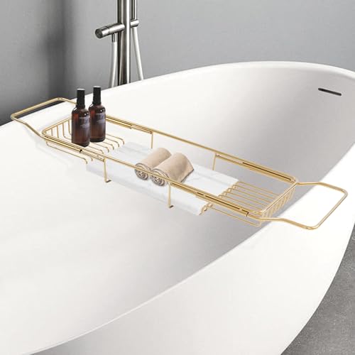 Stainless Steel Bathtub Tray with Removable Marble Board,Extendable Rectangular Bathtub Tray,Adjustable Bath Caddy Board for for Bath Bombs, Spa, Shower (Golden+White) - color: Golden+white