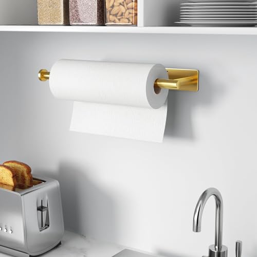 Paper Towel Holder - Self-Adhesive or Drilling, Gold, Wall Mounted, SUS304 Stainless Steel Kitchen Roll Dispenser Under Cabinet - color: Gold
