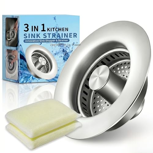 3-in-1 Kitchen Sink Drain Strainer and All-Purpose Sponges, Sink Stopper Pop-Up Drain Plug with Anti-Clogging Food Catcher Basket, Odor Blocker, Fits US Standard 3-1/2 Inch Sinks,Dish Sponges Safe - color: Chorme+ 2kitchen Sponges