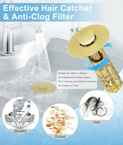 QYHNYJF Upgraded Bathroom Sink Stopper with Hair Catcher - Universal Pop-Up Drain Plug, Stainless Steel & Silicone Seal for 1.1-1.5 Inch Drains, Gold Matte Brushed Finish (Gold Matte Brushed) - color: Gold Matte Brushed