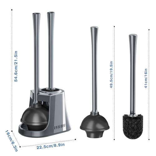 LOVLOY Toilet Plunger and Brush with Holder, Bowl Brush and Heavy Duty Toilet Plunger Set with Ventilated Holder, 2-in-1 Toilet Brush and Plunger Combo for 5.3-inch Toilet Drain New Pack (Grey, 1) - color: Gray