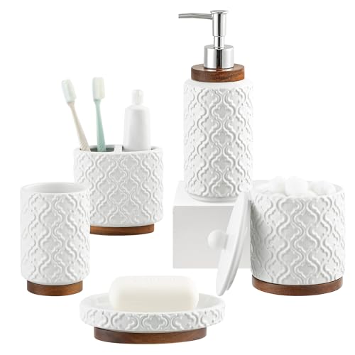 RQYIXI Elegant 5 PCS Ceramic&Wood Bathroom Accessories Set:Soap Dispenser,Toothbrush Holder,Tumbler,Soap Dish,Cotton Swab Jar,Easy to Clean,Quatrefoil Pattern,White-Affordable Home Luxury - color: White Set-5pcs