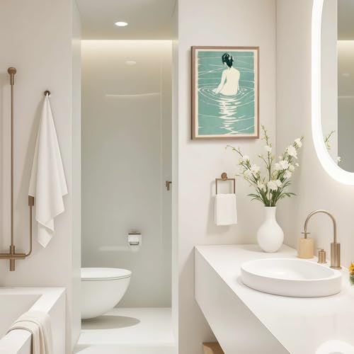 Framed Canvas Japanese Wall Art Modern Print Poster Picture Minimalist Woman in Water Painting Gallery Style Home Wall Decor Living Room Bedroom Bathroom Office 12X16 Inch Ready to Hang - color: Green White Woman, size: 16L" x 12W"