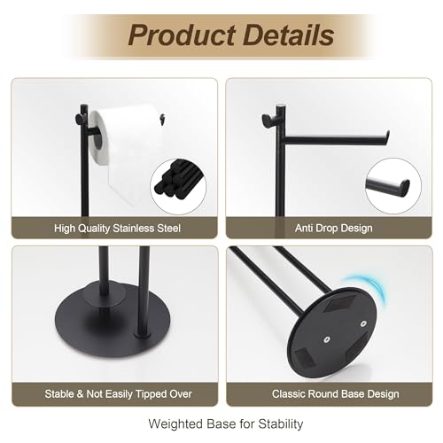BVL Toilet Paper Holder Stand, Matte Black with Extra Heavy Base, Holds 5 Rolls, Waterproof Pad, Minimalist Design, 304 Stainless Steel, Rustproof & Space-Saving with Hook - color: Black