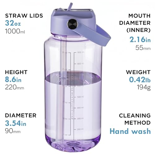 OLDLEY 32oz Water Bottle with Straw,Leakproof Tritan Clear Bottle with Marked Bottle and Carry Handle,BPA-Free Wide Mouth Reusable Sports Water Bottle for Gym,Hiking,Camping,Travel,Workout,Lilac Mist - color: Lilac Mist